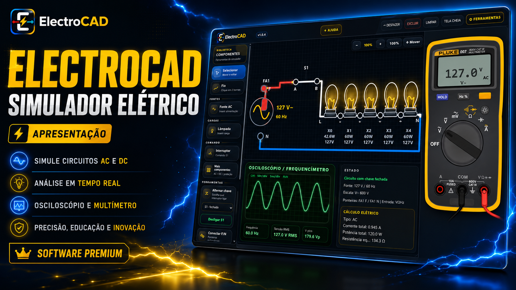 Apresentação premium do ElectroCAD simulador elétrico